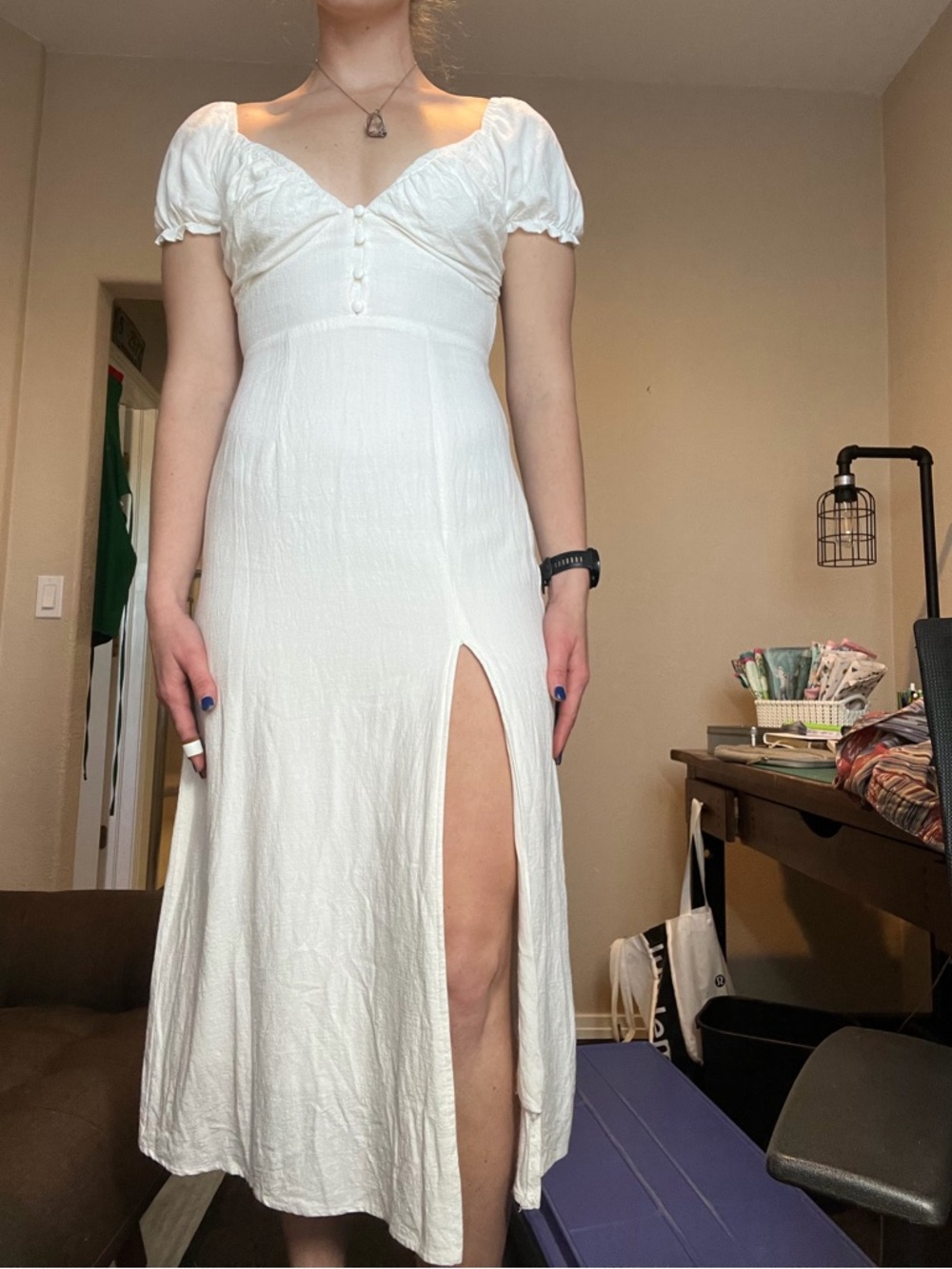 White Linen Midi Dress with Slit